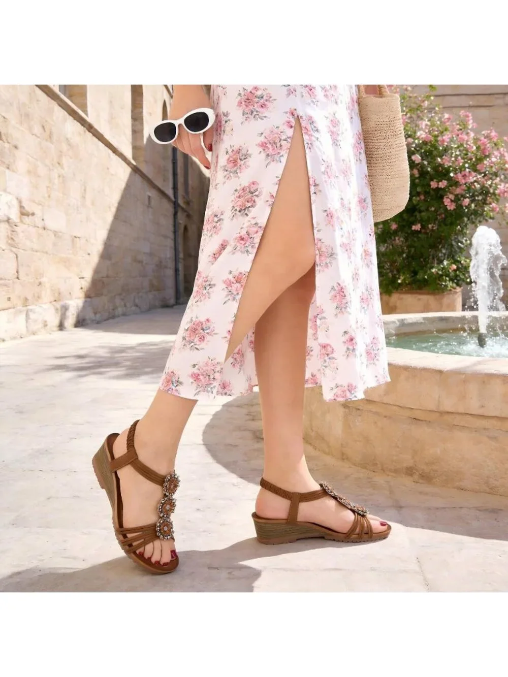 Women's Brown Floral Rhinestone Elastic Slingback Low Wedge Heel Sandals Shoes